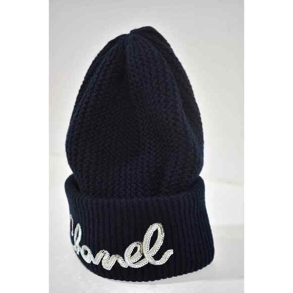 Chanel 22A Cashmere Navy Blue Silver Sequin CC Logo Beanie Winter Hat Cap Cloche - Picture 8 of 10